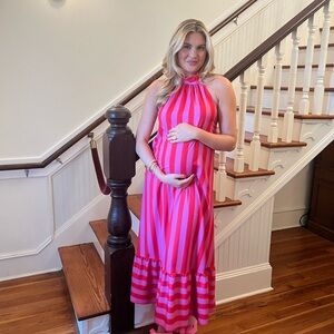 Pink and Red Striped Halter Maxi Dress
